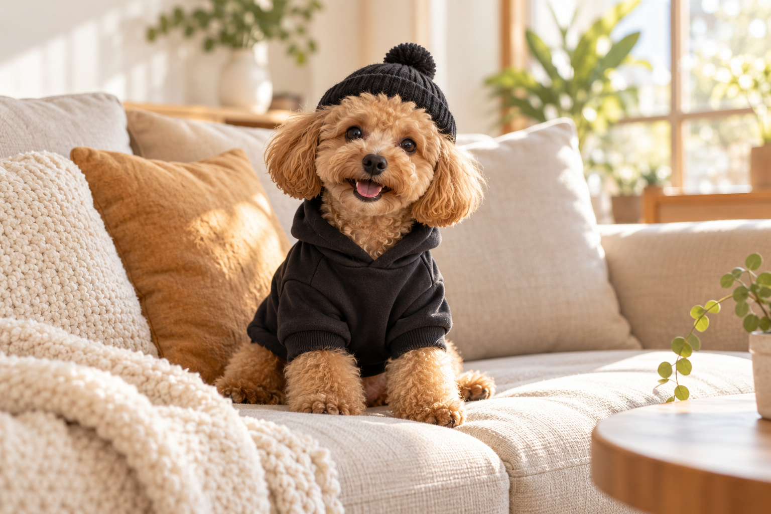 Fictional dog wearing a black knit cap and hoodie, concept illustration